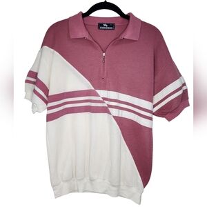 STEEPLECHASE men's vintage polo shirt, pink/white colorblock, zipper, si…